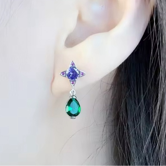 NWOT Green Drop With Purple Star earrings, Sterling silver - Picture 2 of 7